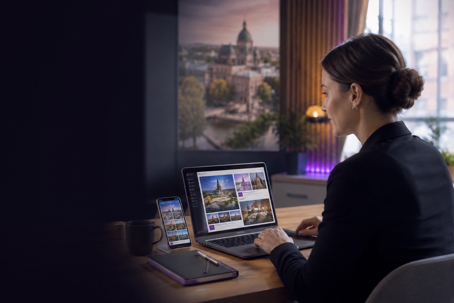 A tourism content manager updating city information on laptop and mobile