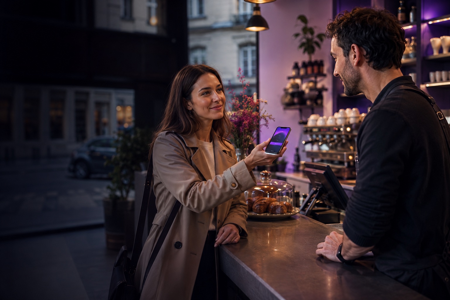 A returning visitor shows a digital loyalty card to a local merchant